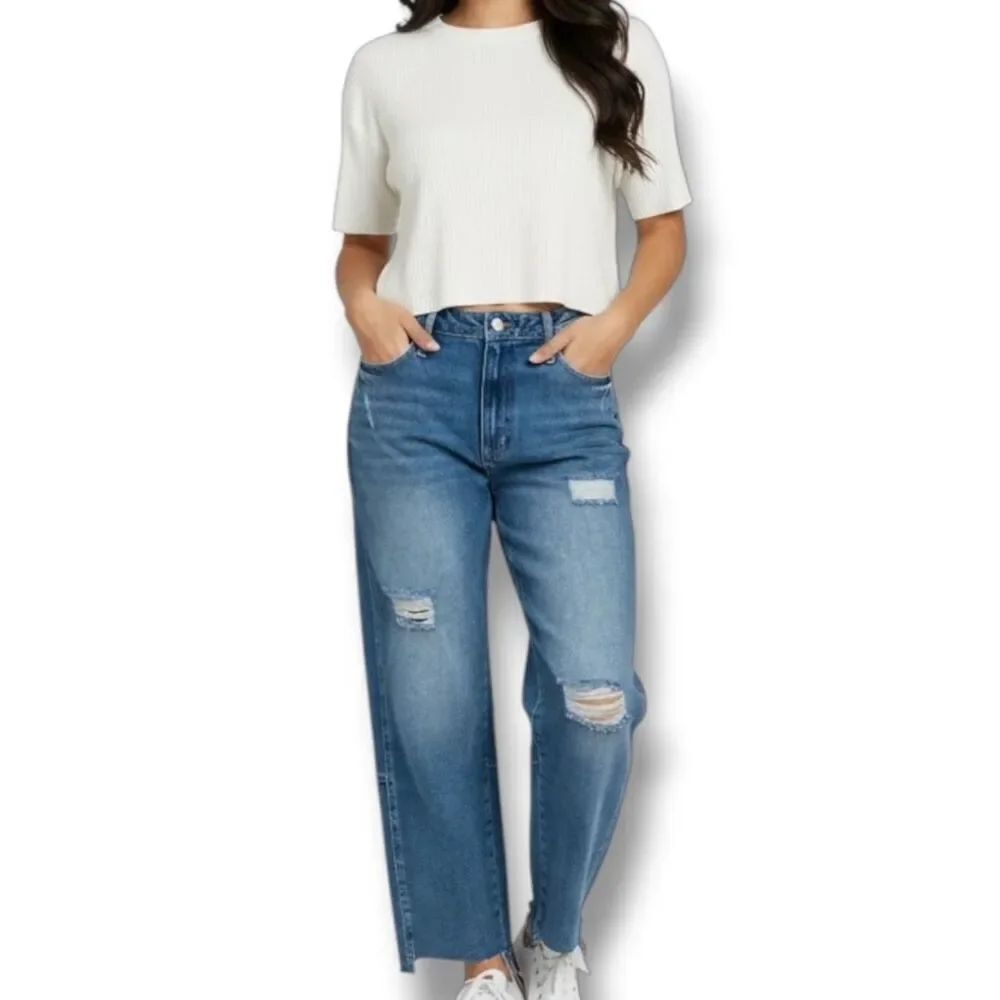 High Rise Denim Blue Straight Leg Jeans Plus 22 Distressed NWT